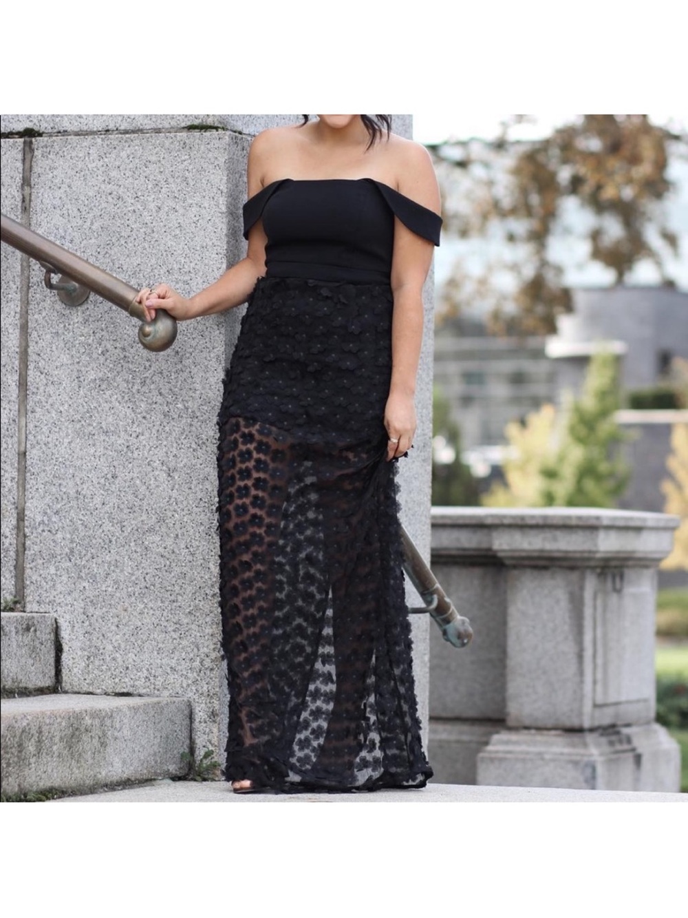JAYGODFREY Black Off-Shoulder Sheer Maxi Dress